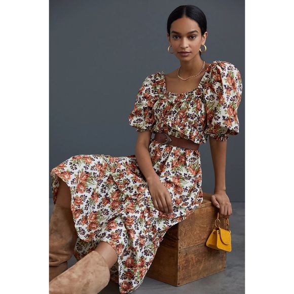 New Anthropologie x Love the Label Floral Puff-Sleeved Maxi Dress sz M